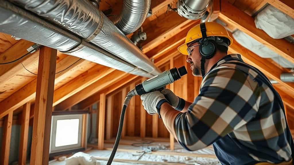 Technician inspecting and sealing attic HVAC ductwork as part of a residential energy-efficiency upgrade in Woodland Hills, CA.