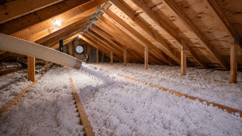 A residential attic in Sherman Oaks, California receiving blown-in insulation installation by Pure Eco Inc. The image shows loose-fill insulation being applied evenly across the attic floor between exposed wooden framing and roof rafters. Fresh insulation coverage helps reduce heat transfer, improve indoor comfort, and lower energy use throughout the home. Pure Eco Inc., located in Los Angeles, CA, provides blown-in insulation services in Sherman Oaks and surrounding communities. Licensed and insured, Pure Eco installs insulation that meets California energy standards and supports healthier indoor air quality.