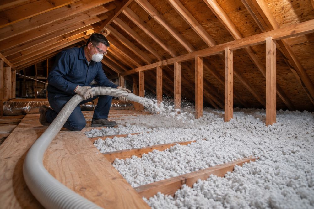 A technician installs blown-in insulation inside a residential attic in Sherman Oaks, California. The image shows loose-fill insulation being applied through a large hose between exposed wooden attic framing and roof rafters. Pure Eco Inc. provides blown-in insulation services that help reduce energy loss, improve indoor comfort, and support cleaner indoor air in Sherman Oaks homes. Based in Los Angeles, Pure Eco serves homeowners throughout Sherman Oaks and nearby communities with attic insulation upgrades, air sealing, and energy-efficiency services. Contact Pure Eco Inc. at (877) 870-7998 for blown-in insulation services in Sherman Oaks, CA.