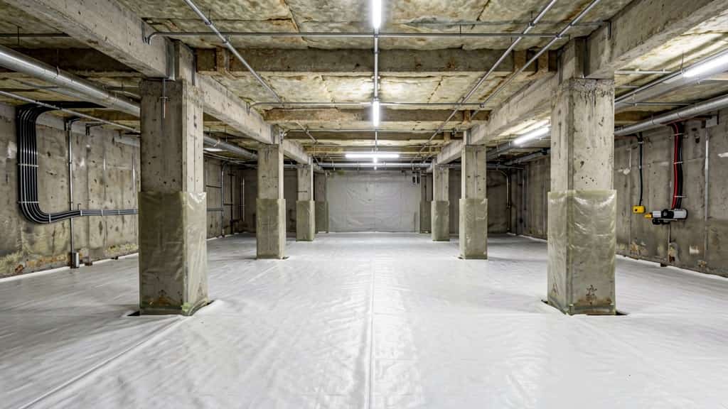Spacious crawl space with sealed ground covering, protected support columns, and a clean moisture-controlled environment in Woodland Hills, CA.