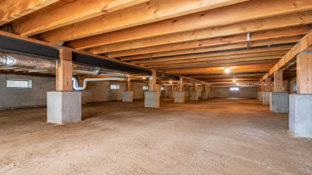 This image shows a professionally cleaned residential crawl space in Sherman Oaks, CA. The crawl space features exposed wooden floor joists, structural support beams, concrete piers, utility ductwork, and a clean soil floor with no debris or contamination visible. Pure Eco, located in Los Angeles, California, provides Crawl Space Cleaning in Sherman Oaks, CA to help improve indoor air quality and maintain healthier home conditions. The underfloor area appears organized, dry, and free from damaged insulation, rodent waste, and construction debris. For crawl space cleaning services, contact Pure Eco at (877) 870-7998.