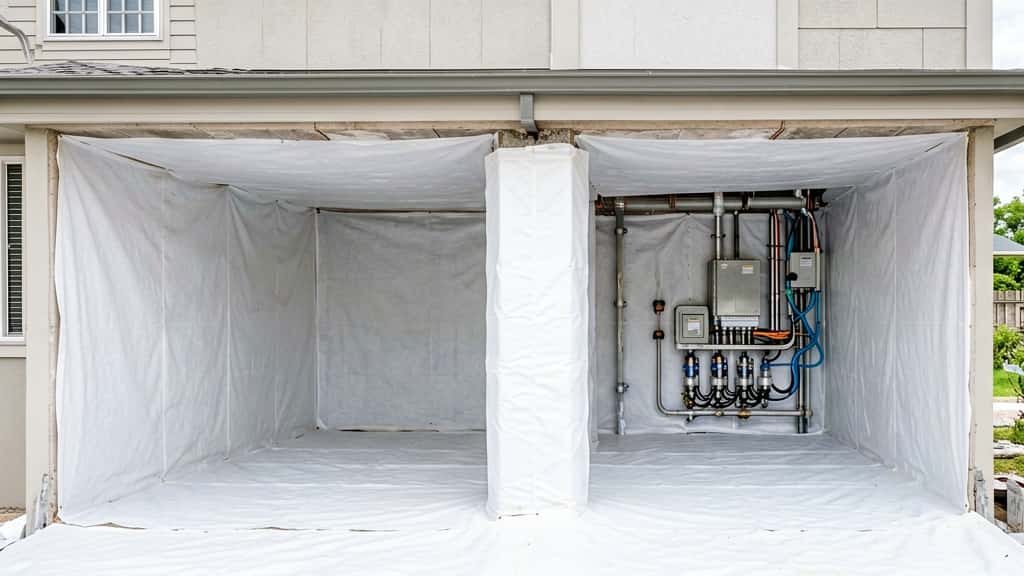 Professionally cleaned crawl space with full vapor barrier encapsulation and protected foundation support beneath a residential home in Woodland Hills, CA.