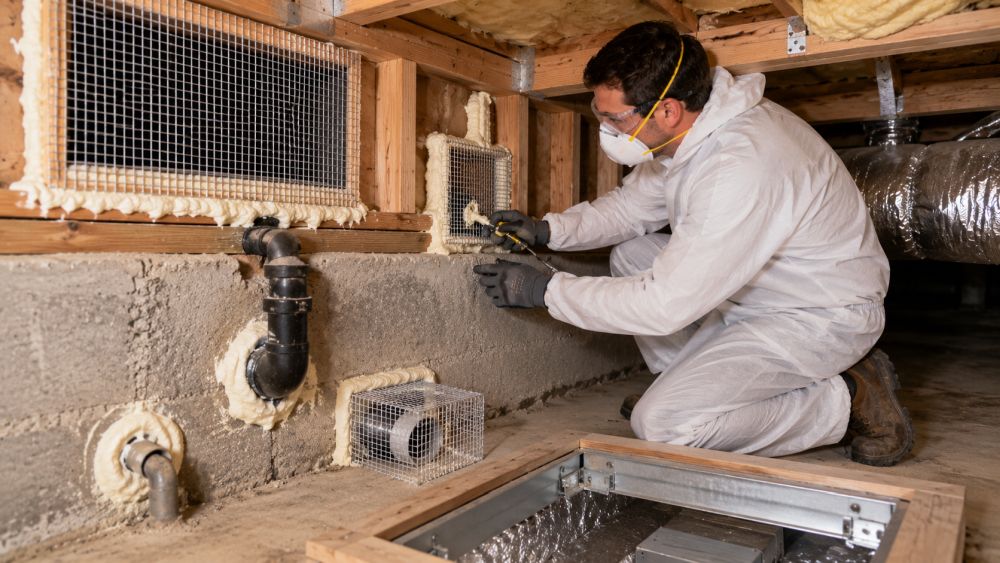 Pure Eco provides professional rat proofing service in Sherman Oaks, CA for homeowners who want to protect their attic and crawl space from rodent intrusion. This image shows a technician sealing potential rodent entry points using galvanized steel mesh and exclusion materials around pipes, vents, and structural openings. The attic and crawl space areas contain visible insulation, ductwork, wooden framing, and secured access points that help prevent rats from entering the home. Pure Eco serves Sherman Oaks and the Greater Los Angeles area with attic cleaning, insulation, air sealing, and rodent exclusion services.