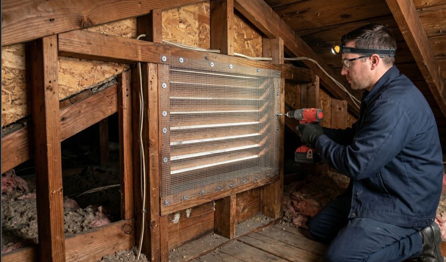 This image shows a technician performing Rat Proofing Service in Woodland Hills, CA inside a residential attic. The technician is securing galvanized steel mesh over an attic vent opening to block rodent access while maintaining proper attic ventilation. Exposed wooden framing, roof decking, and attic insulation are visible throughout the work area. Pure Eco provides rat proofing, attic cleaning, insulation, and energy-efficiency services throughout Woodland Hills and the Greater Los Angeles area.