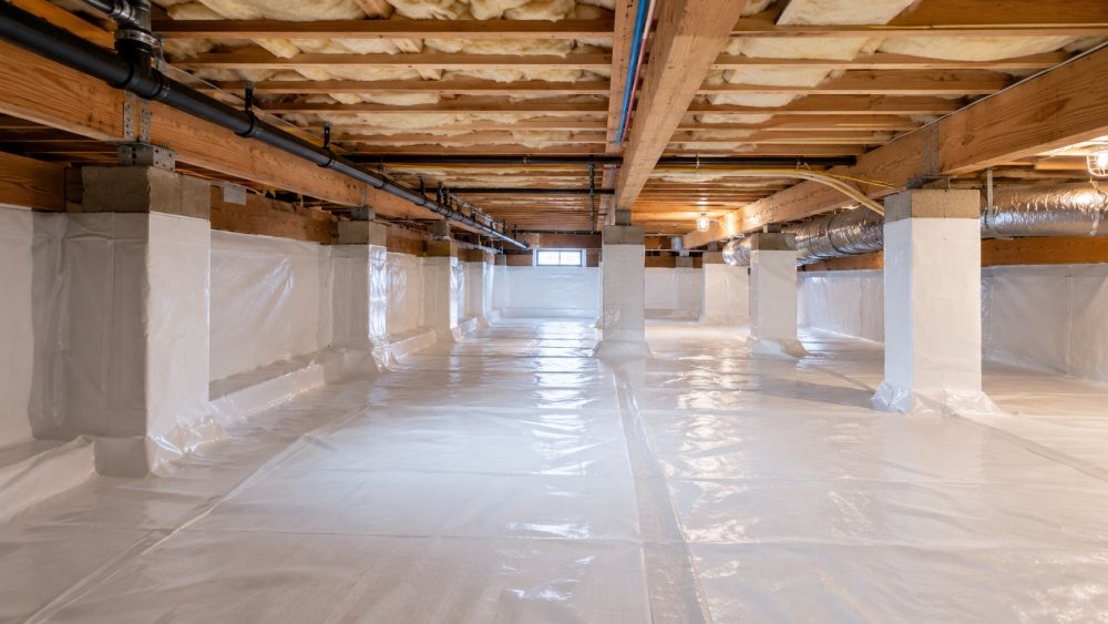 This image shows a residential crawl space with a professionally installed vapor barrier in Sherman Oaks, California. A reinforced white vapor barrier covers the soil surface and extends along foundation walls to help reduce moisture intrusion beneath the home. Visible wooden floor joists, support piers, utility lines, and structural framing demonstrate a clean and properly maintained crawl space environment. Pure Eco provides vapor barrier installation in Sherman Oaks, CA to help control crawl space moisture, protect structural materials, and support healthier indoor air quality.