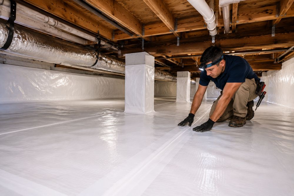 A technician installs a reinforced crawl space vapor barrier in a residential property in Woodland Hills, CA. Pure Eco, Los Angeles, California, provides vapor barrier installation services that help reduce ground moisture, improve indoor air quality, and support energy efficiency. The image shows a clean crawl space with sealed white vapor barrier material covering the floor and support columns, along with visible ductwork and wooden framing above. Homeowners can contact Pure Eco at (877) 870-7998 for crawl space moisture control, insulation upgrades, and energy-efficiency improvements throughout the Greater Los Angeles area.