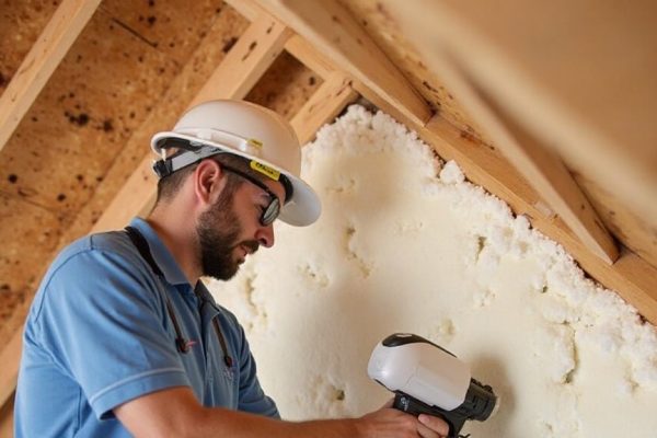 Pure Eco contractor applying caulk to seal the gap between drywall top plate and attic framing to prevent air leakage in a Los Angeles home