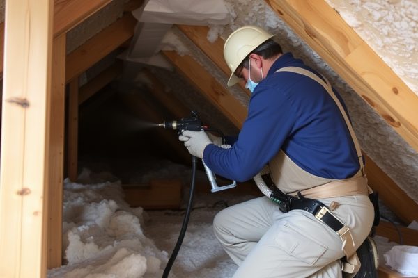 Pure Eco Inc. contractor applying spray foam to seal air leakage points in a Los Angeles home attic as part of a professional air sealing service