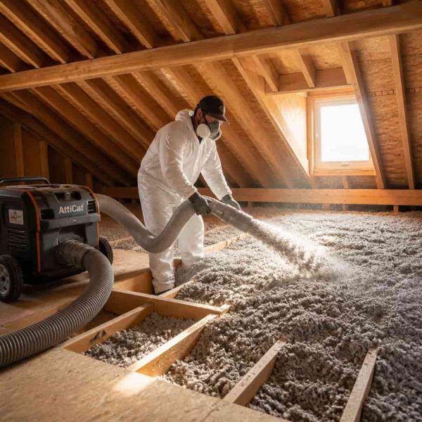 Worker using a blower machine to apply loose fill insulation in an attic