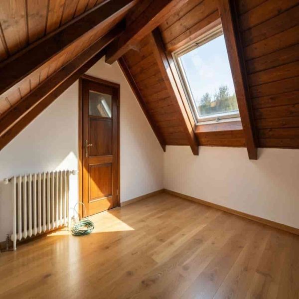 Brightly lit renovated upper room featuring polished hardwood floors and sloping wooden ceilings.