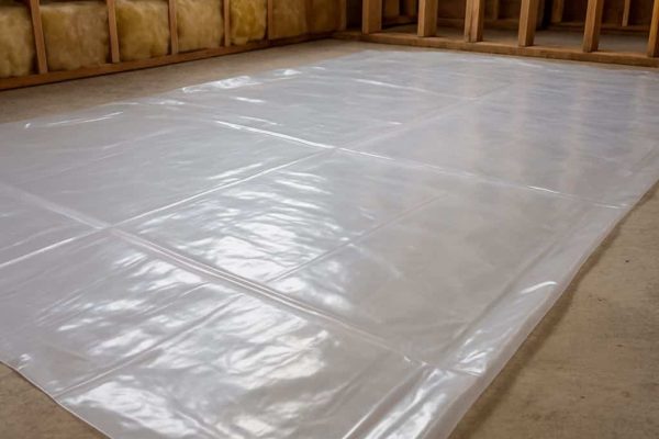 Fully installed clear plastic vapor barrier covering the floor of a framed room in Pasadena CA