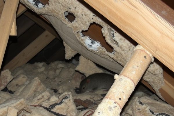 Damaged attic insulation with rodent contamination
