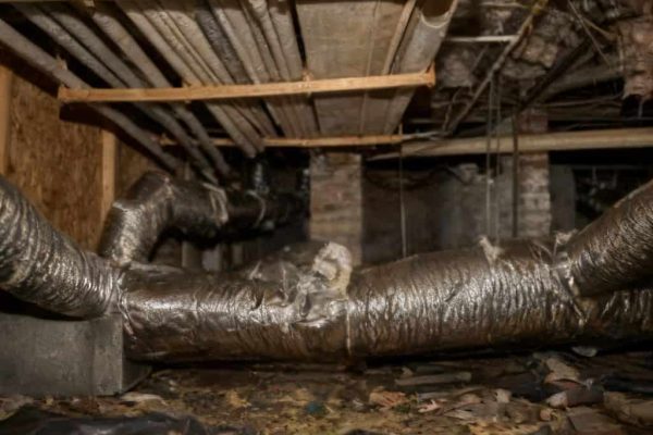 Dirty crawl space showing old insulation and debris before cleaning in Pasadena