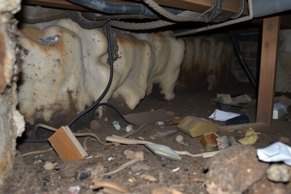 Dirty crawl space with mold and debris