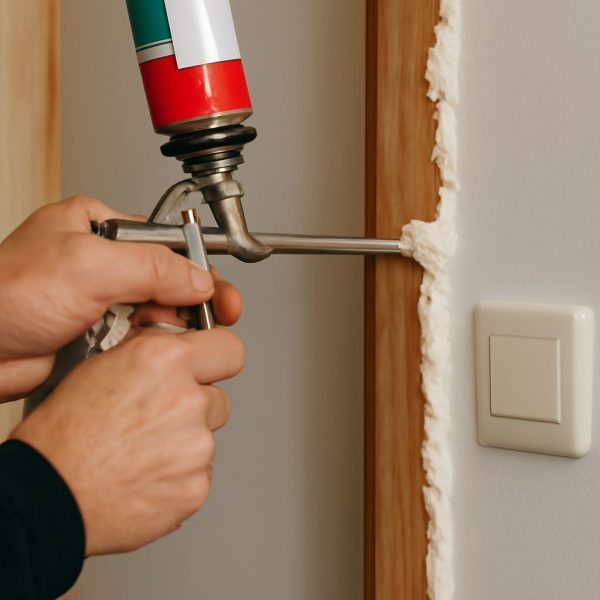 Hands using a foam gun to seal a gap along a wooden door frame