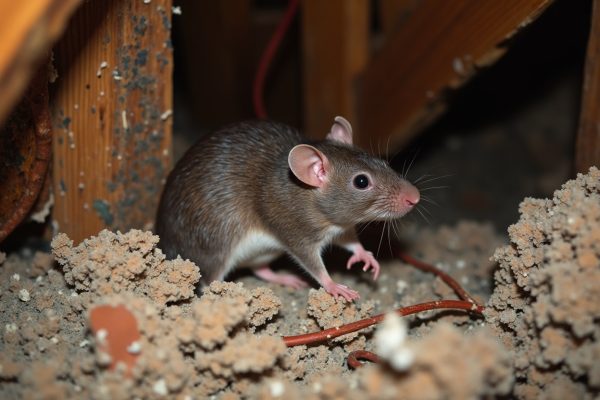 Rat damage in a Los Angeles home attic showing gnawed electrical wiring, disturbed insulation, droppings, and nesting material requiring professional remediation