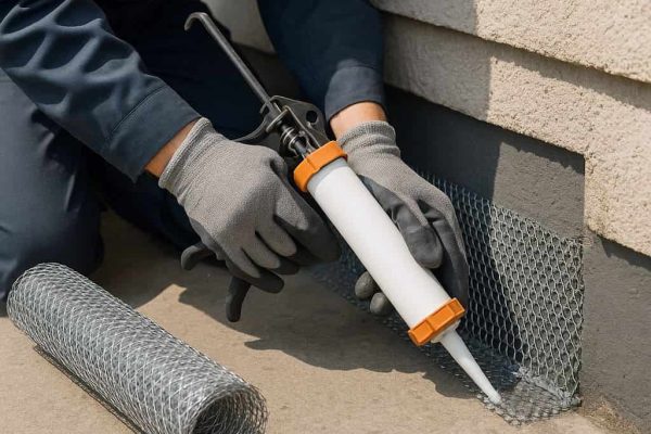 close up of a worker sealing gaps over rat proofing wire mesh with caulk