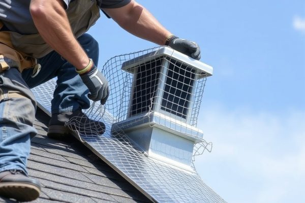 Pure Eco Inc. contractor installing galvanized hardware cloth over a roofline vent to seal rat entry points on a Los Angeles home during a professional rat proofing service