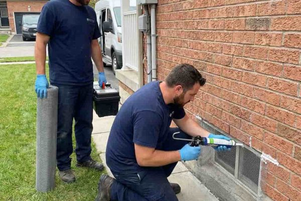 two rat proofing professionals sealing house exterior vents with wire mesh and caulk in pasadena ca