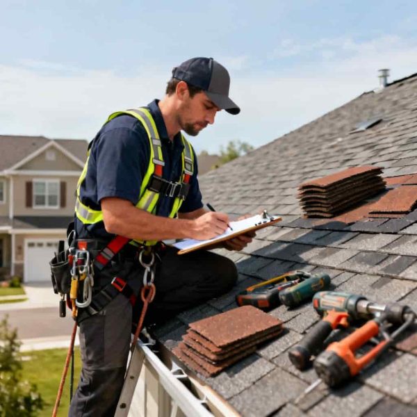 Inspector in safety harness writing notes on a clipboard while sitting on a shingled roof