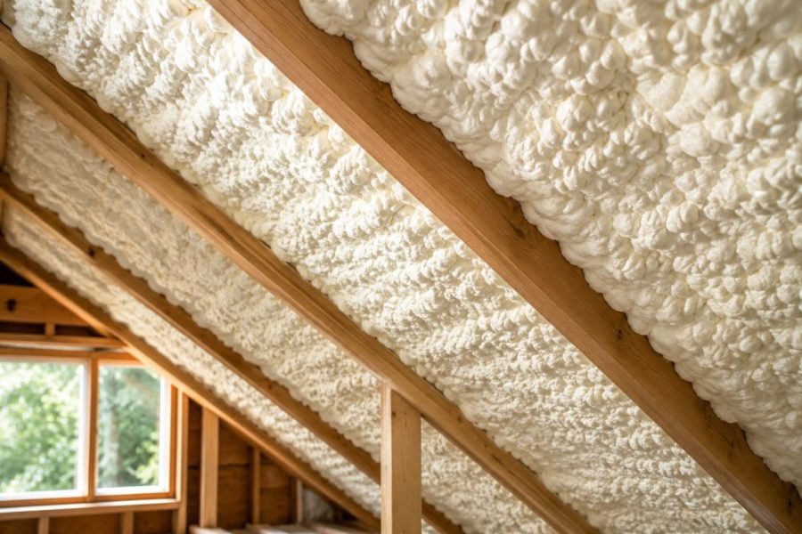 Close-up view of spray foam insulation installed between exposed wooden roof rafters inside a residential attic in Sherman Oaks, California. The image shows thick white foam insulation applied directly to the roof decking to reduce air leakage and improve energy efficiency. Pure Eco provides spray foam insulation services in Sherman Oaks, CA, helping homeowners improve indoor comfort and lower heating and cooling costs. The attic structure is clean, organized, and professionally insulated, with visible framing members and continuous foam coverage.