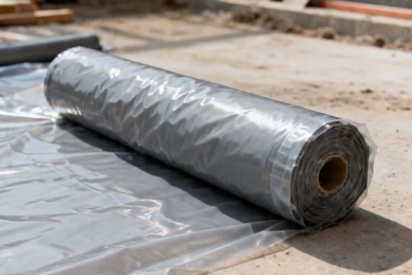 Roll of plastic vapor barrier material on concrete floor for installation in Pasadena CA