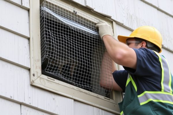 Worker installing galvanized metal mesh